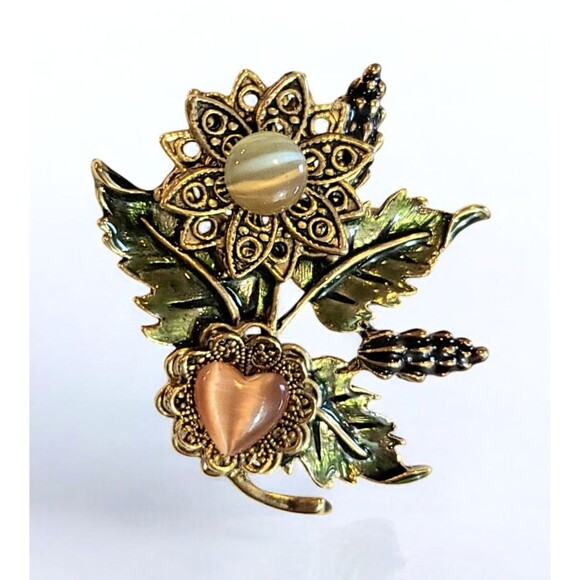 Vtg Kenneth Cole New York KC Moonglow Filigree Bouquet Heart Pin Brooch - Picture 1 of 5